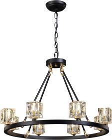 Black Wagon Wheel Chandelier, 8-Light Farmhouse Crystal Chandeleirs With Adjustable Height,Ceiling Hanging Light Fixture Pendant Lights For Living Roo (Option: Black)