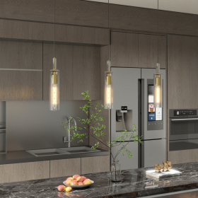 Gold Pendant Light Fixtures, 3 Pack Modern Pendant Lighting With Clear Striped Glass Shade, Hanging Pendant Lights Kitchen Island, Farmhouse Pendant L (Option: Gold)