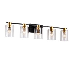 5-Light Matte Black Matte Gold Color Bathroom Light Fixtures, Modern Vanity Lights With Glass Shade, Vintage Light Fixture Bathroom Over Mirror Wall L (Option: Matte Black)