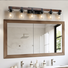 42 Inch Rustic 6-Light Vanity Light, Industrial Bathroom Wall Sconce With Glass Shades And Wood Accent, Modern Farmhouse Lighting Fixture No Bulbs (Option: Walnut and black)