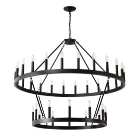 2 Tiers Wagon Wheel Chandelier Wooden Farmhouse 36-Light Black Metal Chandeliers 2-Story Light Fixtures Industrial For High Ceiling Living Dining Room (Option: Matte Black)