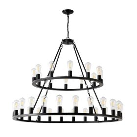 48 Inch Black Extra Large Wagon Wheel Chandelier, 2 Tier 36-Lights No Include Farmhouse Industrial Round High Ceiling Pendant Light Adjustable Chain, (Option: Matte Black)